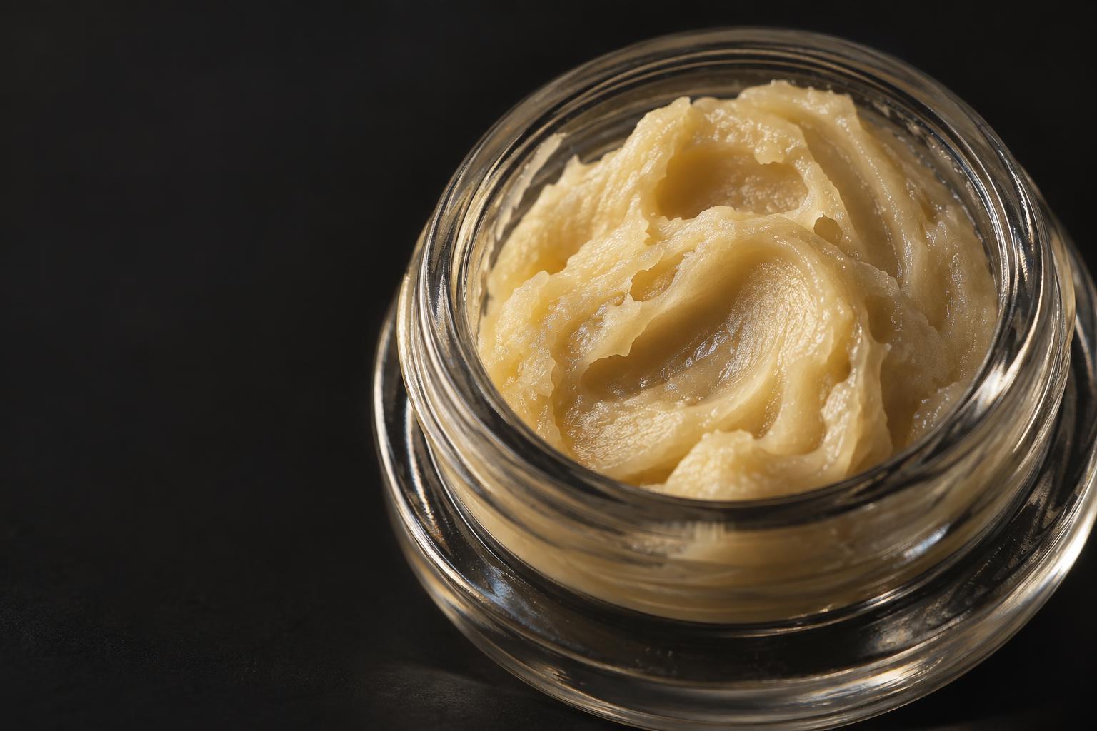 Macro view of live hash rosin in an open jar